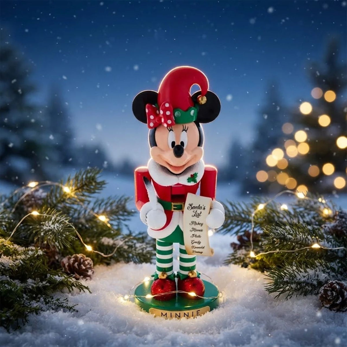 A festive Minnie Mouse Christmas ornament stands in the snow at night, surrounded by pine branches, warm string lights, and blurred holiday trees. She wears a red elf hat with a green bow, a red coat, green-and-white striped legs, and holds a sign that reads 'Santa's List: Merry Christmas!'.