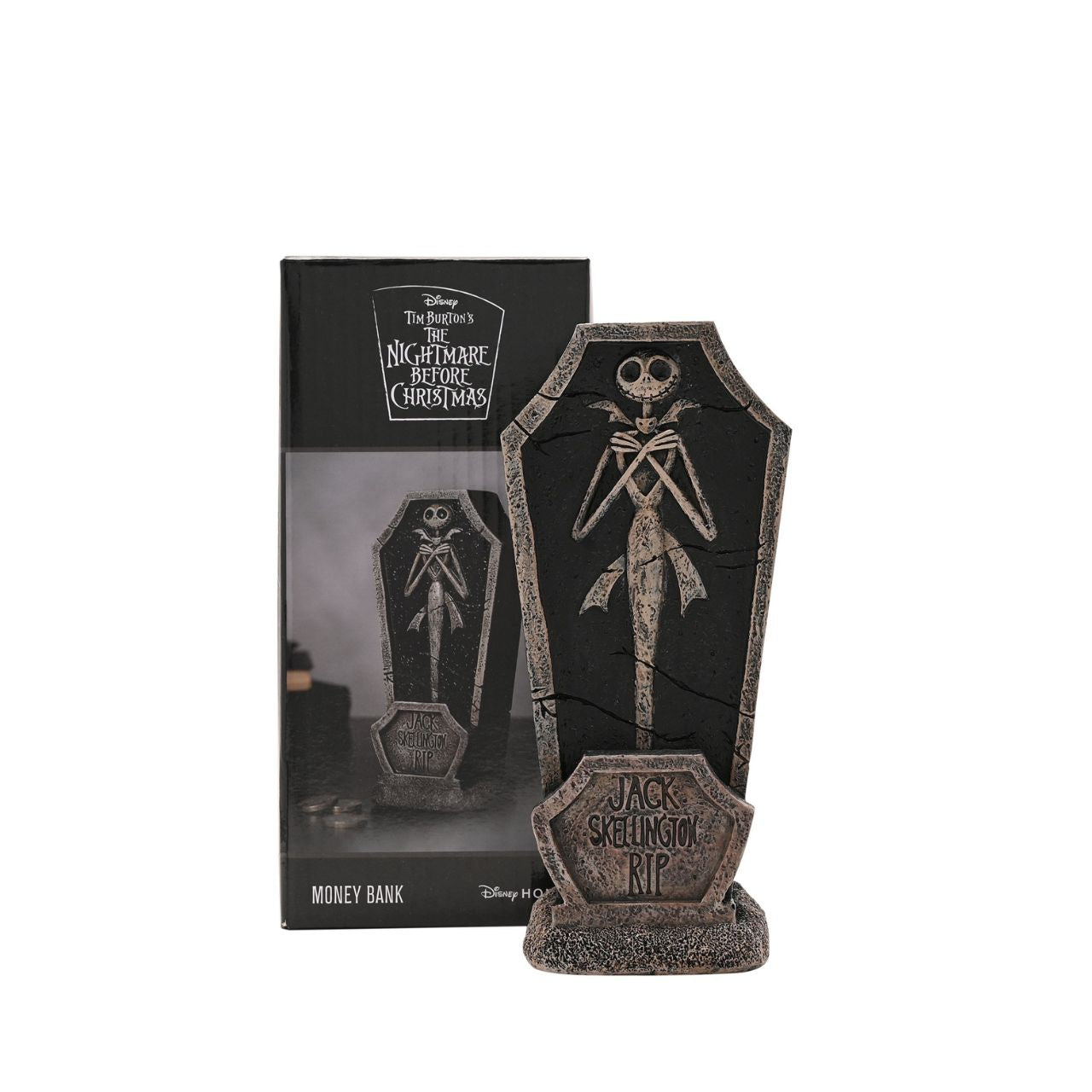 Bring the delightfully dark world of Tim Burton's The Nightmare Before Christmas into your home with this spooktacular Jack Skellington coffin money box. Featuring a gravestone design with a skeletal Jack Skellington figure and "R.I.P." text against an eerie background, it's perfect for fans of the classic film.