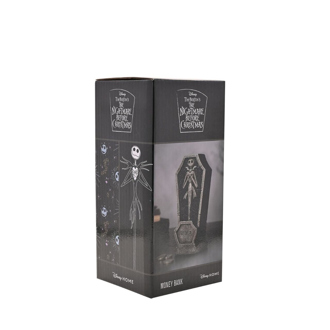 Bring the delightfully dark world of Tim Burton's The Nightmare Before Christmas into your home with this spooktacular Jack Skellington coffin money box. Featuring a gravestone design with a skeletal Jack Skellington figure and "R.I.P." text against an eerie background, it's perfect for fans of the classic film.