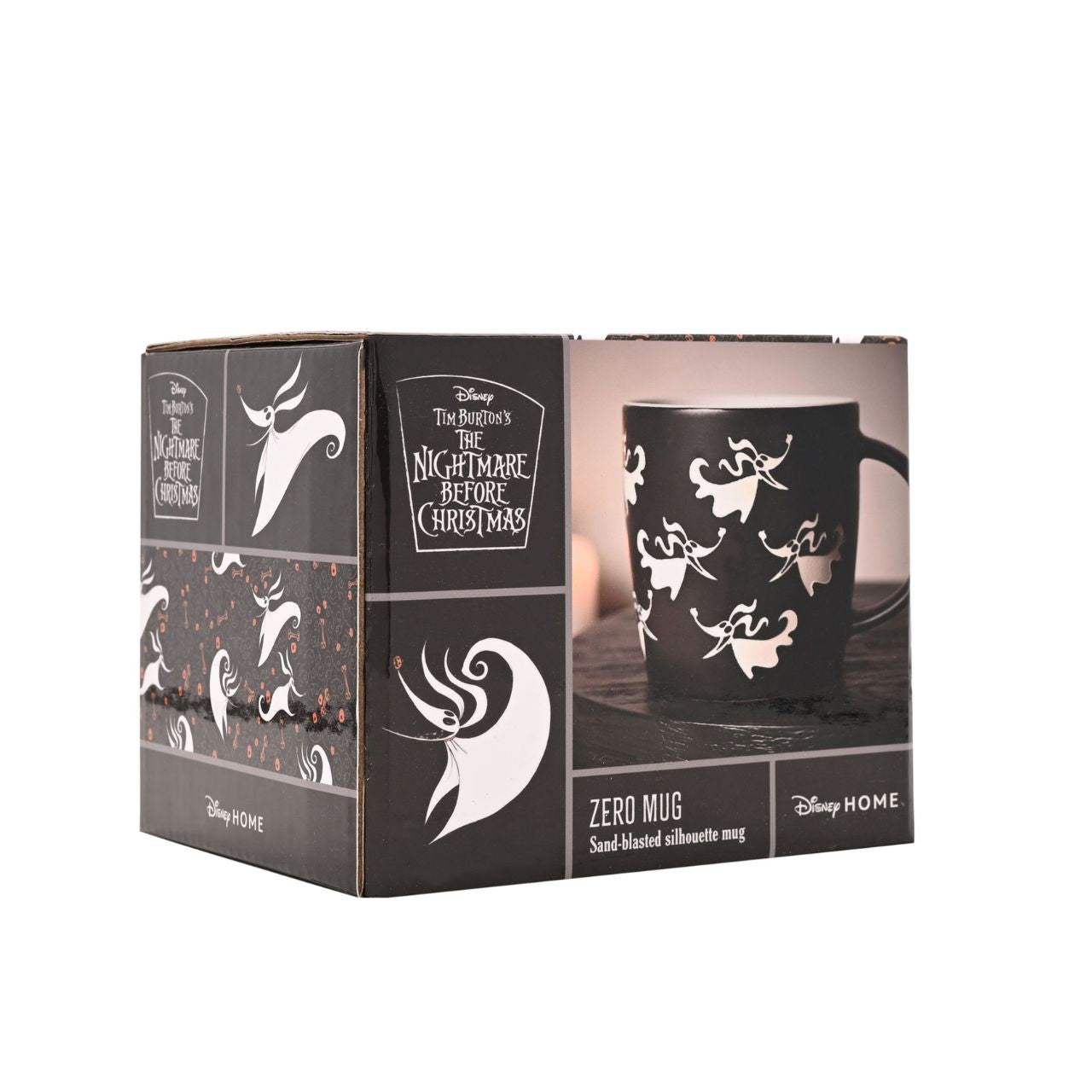 Bring spooky charm to your morning brew with this Disney Nightmare Before Christmas Zero mug. Featuring the lovable ghost dog from Tim Burton's classic film, this black ceramic mug is adorned with a hauntingly beautiful pattern of white floral and leaf-like designs.