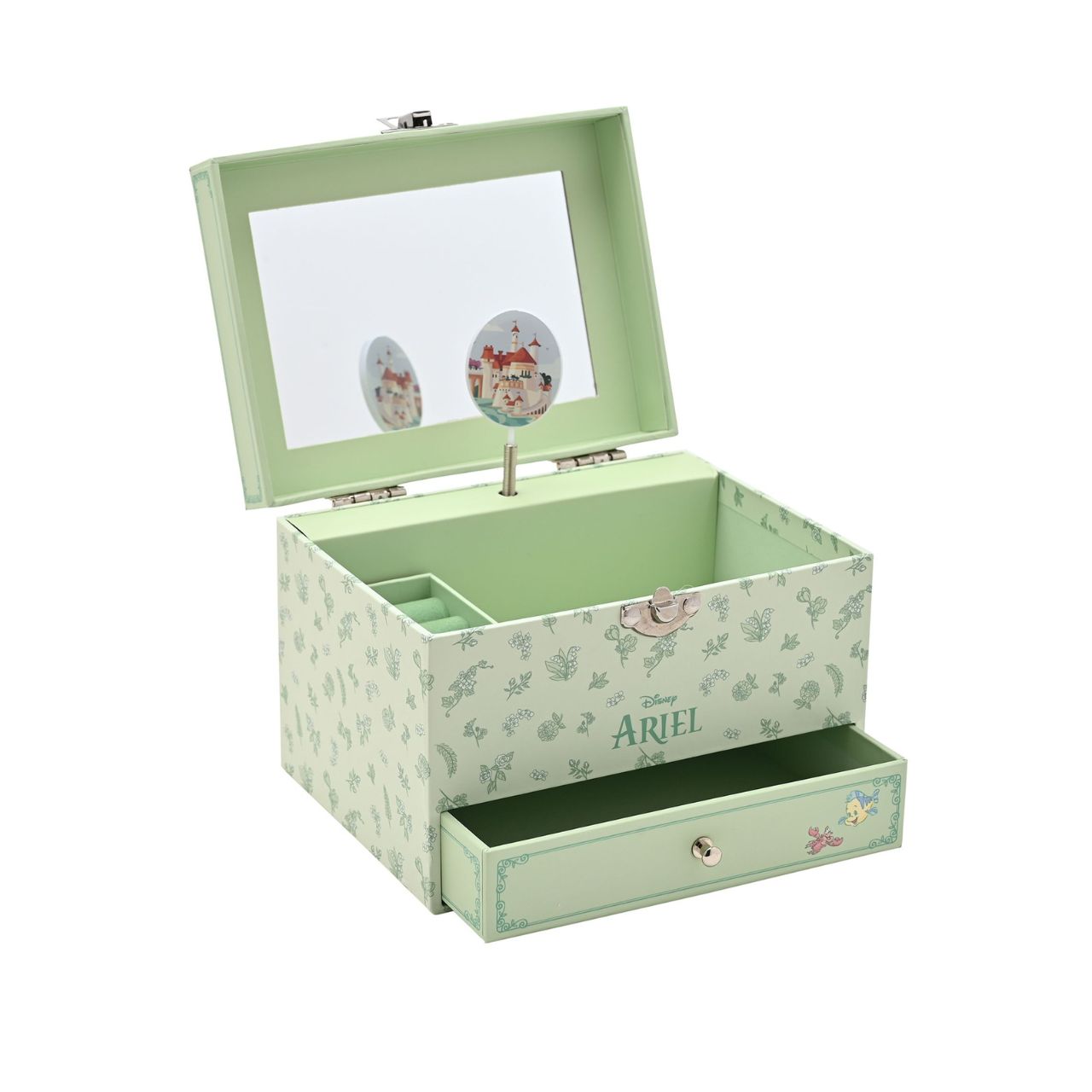 This enchanting jewellery box, adorned with a floral pattern, is a perfect spot for storing treasured trinkets. With a drawer for small keepsakes and a cheery tune that plays when opened, its an ideal gift for Disney princess enthusiasts of all ages.