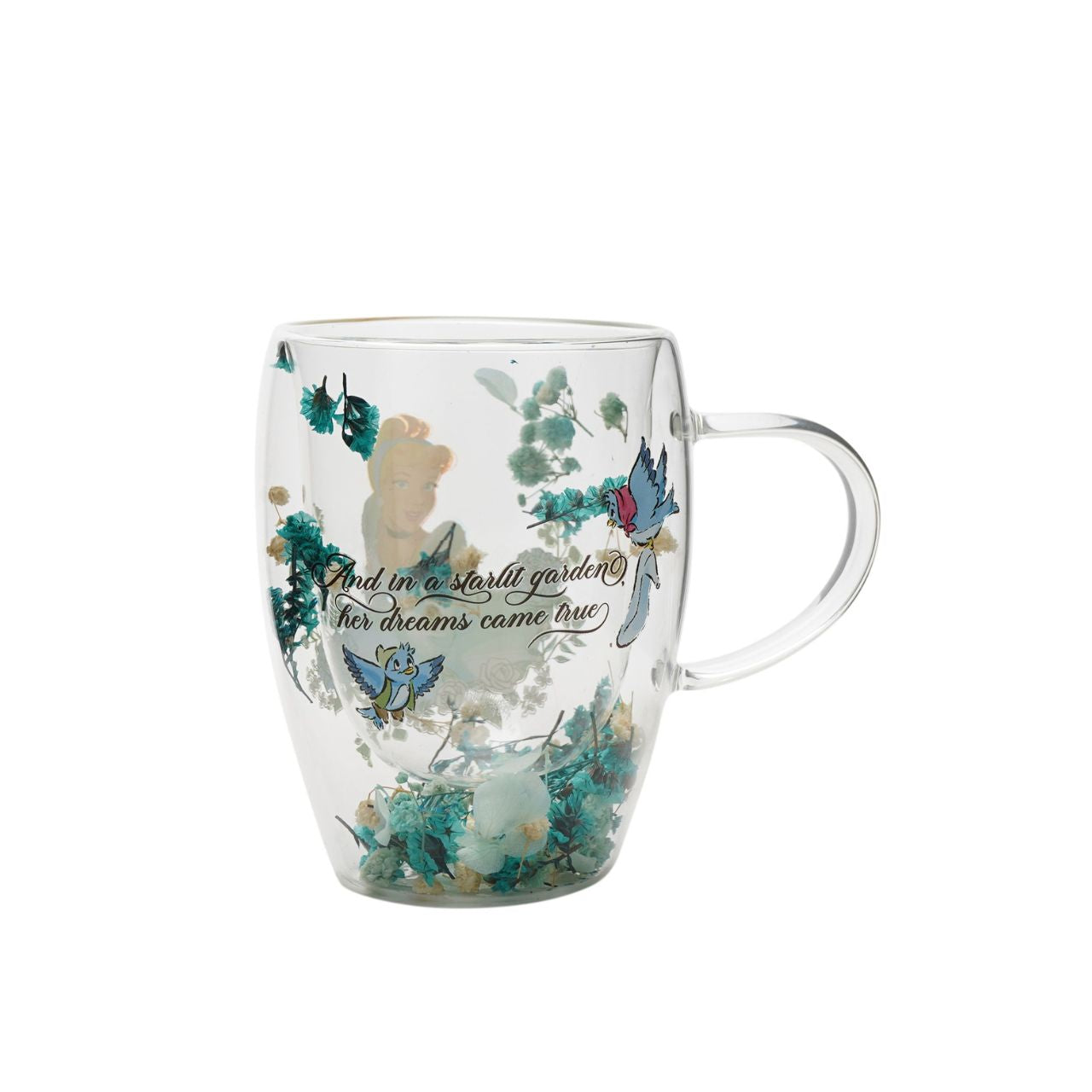 Step into the enchanting world of Disney with the Pastel Princess Glass Mug, adorned with a colourful illustration of Cinderella amidst a cascade of dried flowers.