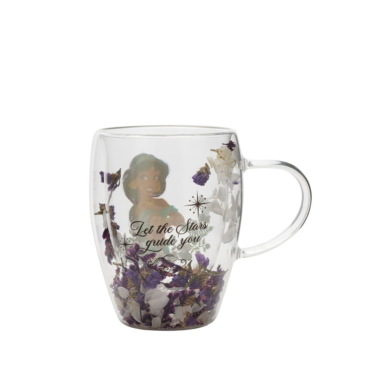 Step into the enchanting world of Disney with the Disney Pastel Princess Glass Mug, featuring Jasmine surrounded by dried flowers.