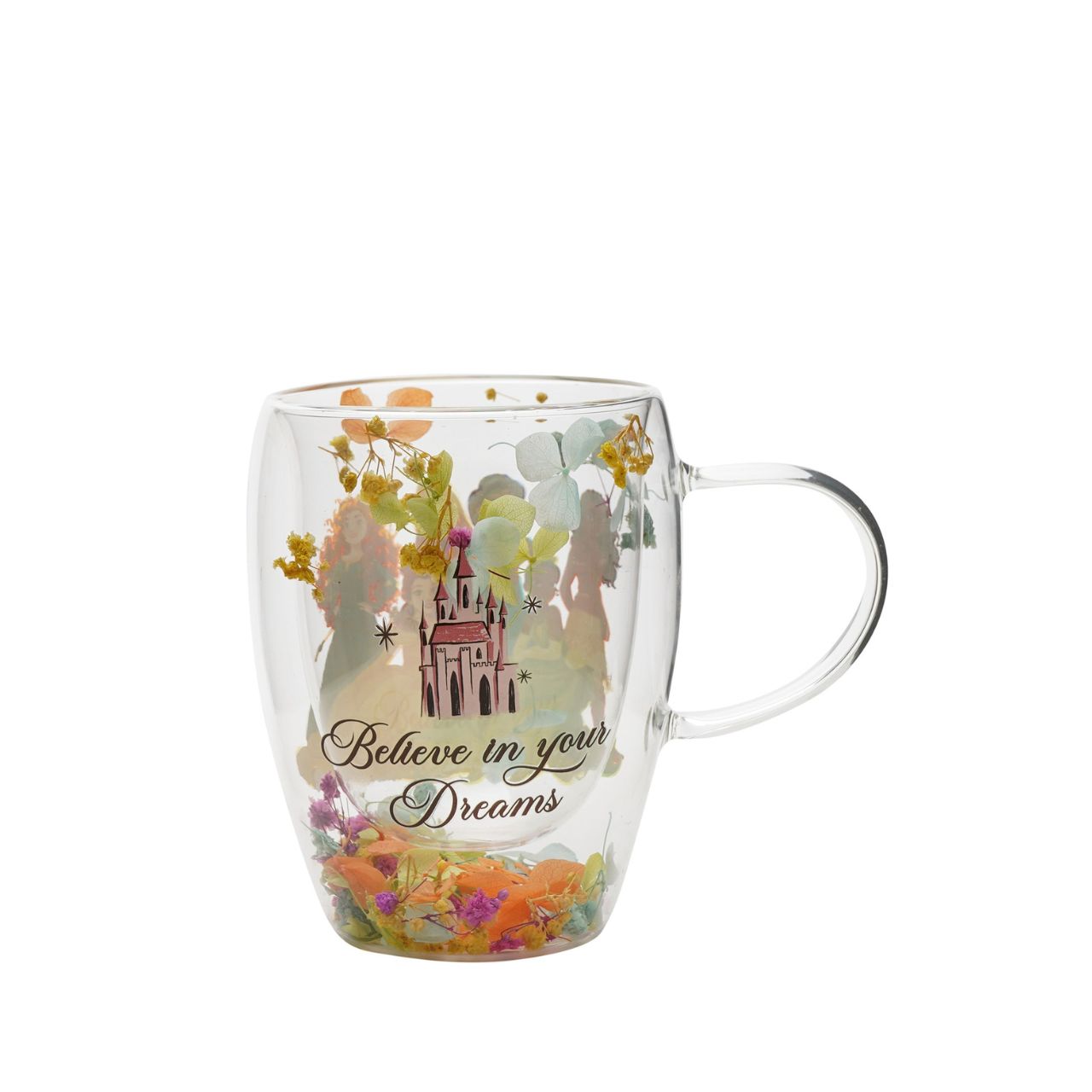 Step into the enchanting world of Disney with the Disney Pastel Princess Glass Mug with Dried Flowers - Multi Princess.