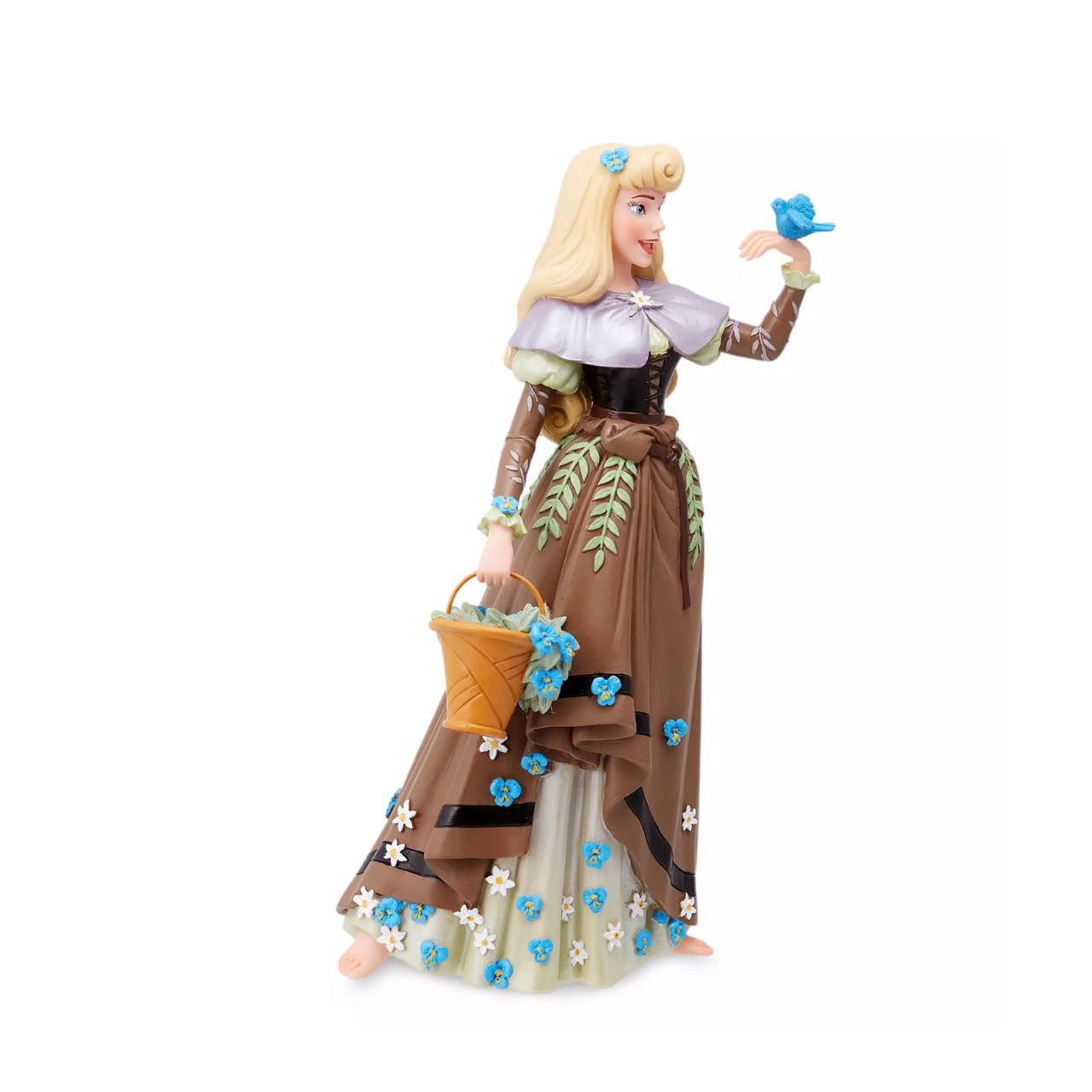 The iconic Disney princess Aurora from Sleeping Beauty is depicted here in her Briar Rose outfit. She has received the botanical treatment with delicate flowers spreading across her dress and spilling out of her basket while a bird perches on her hand.