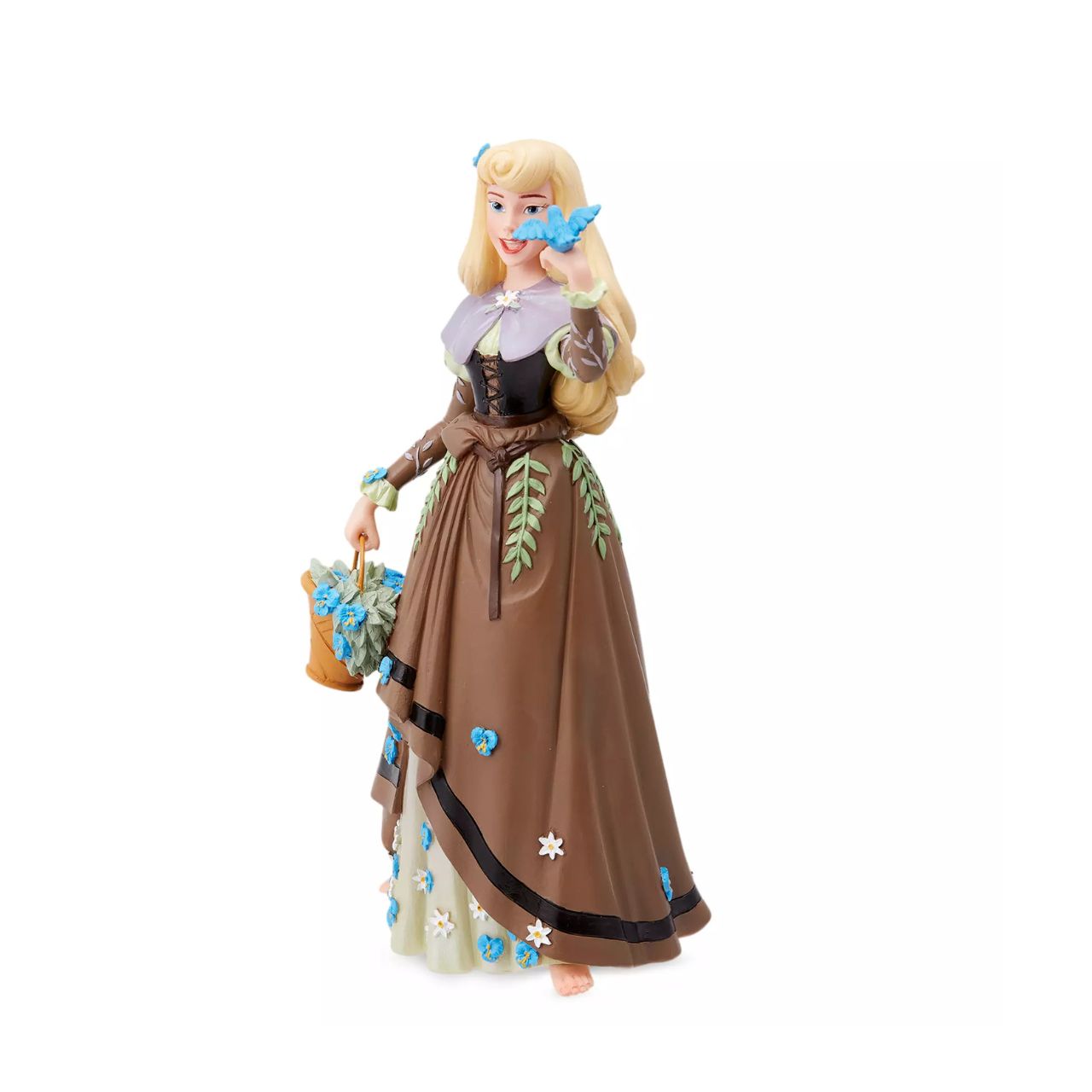The iconic Disney princess Aurora from Sleeping Beauty is depicted here in her Briar Rose outfit. She has received the botanical treatment with delicate flowers spreading across her dress and spilling out of her basket while a bird perches on her hand.