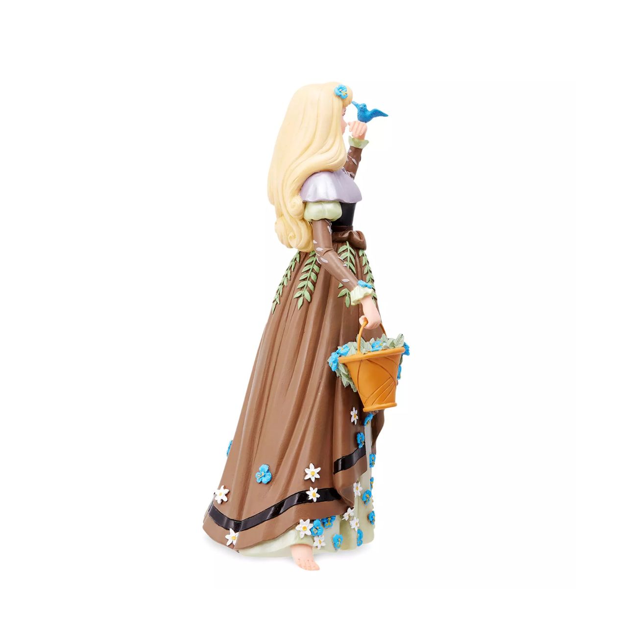 The iconic Disney princess Aurora from Sleeping Beauty is depicted here in her Briar Rose outfit. She has received the botanical treatment with delicate flowers spreading across her dress and spilling out of her basket while a bird perches on her hand.