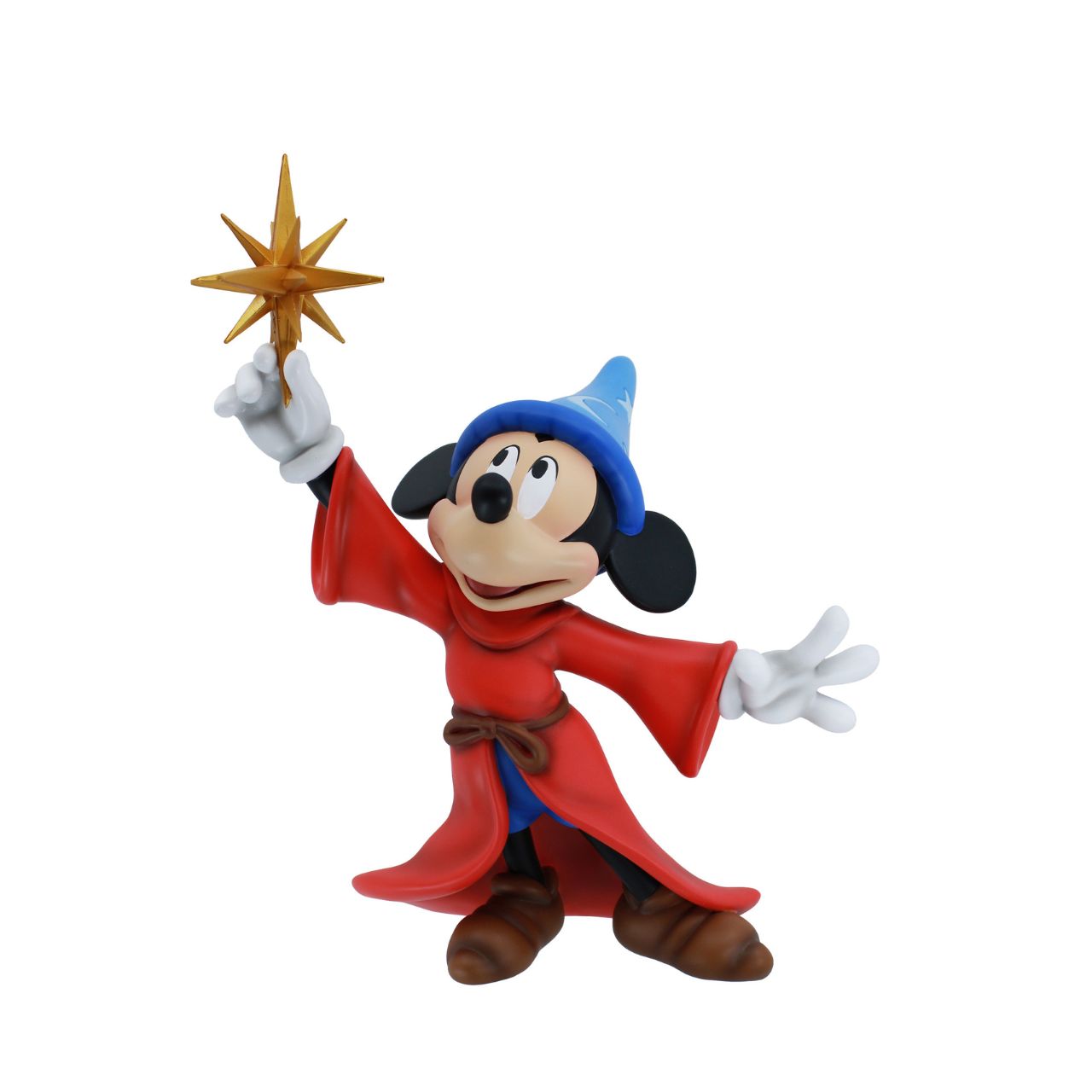 This enchanting Fantasia piece pays homage to one of Disney's most iconic and imaginative films, showcasing Mickey Mouse as the Sorcerer's Apprentice, surrounded by a mesmerizing swirl of stars crafted from clear resin. This hand painted figurine captures Mickey in mid-spell, donning his iconic red robe and blue sorcerer's hat, adorned with silver moons and stars.