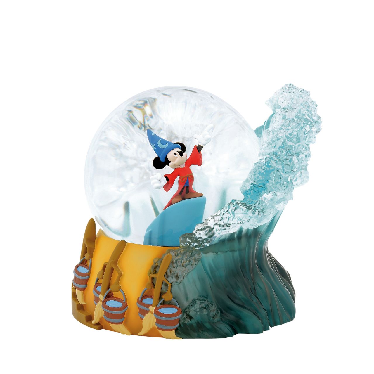 Celebrate the 85th Anniversary of Walt Disney's animated masterpiece Fantasia with this 100 MM water globe featuring the Sorcerer's Apprentice Mickey Mouse as he commands the water baring magical broomsticks and crashing waves made of clear resin.