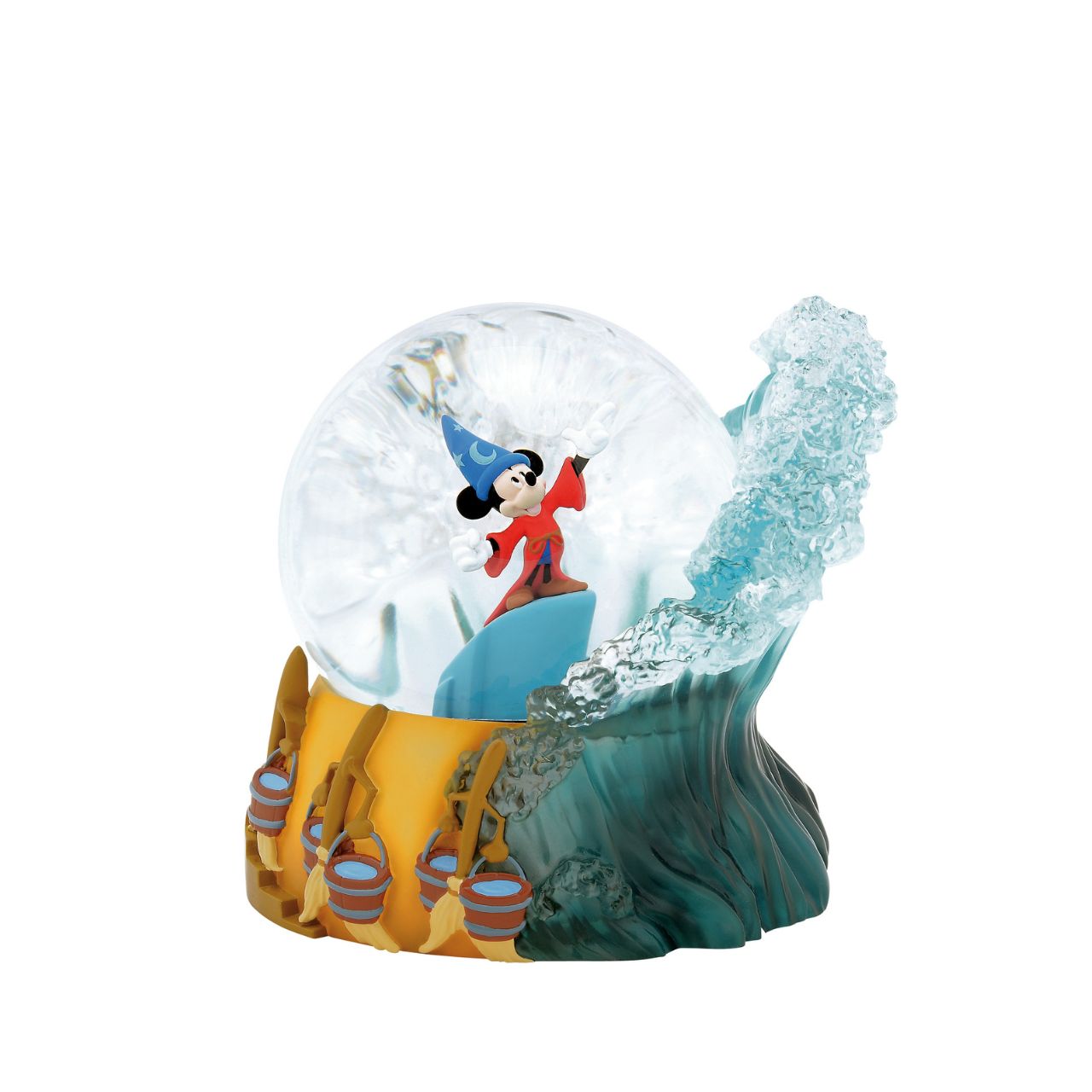 Celebrate the 85th Anniversary of Walt Disney's animated masterpiece Fantasia with this 100 MM water globe featuring the Sorcerer's Apprentice Mickey Mouse as he commands the water baring magical broomsticks and crashing waves made of clear resin.