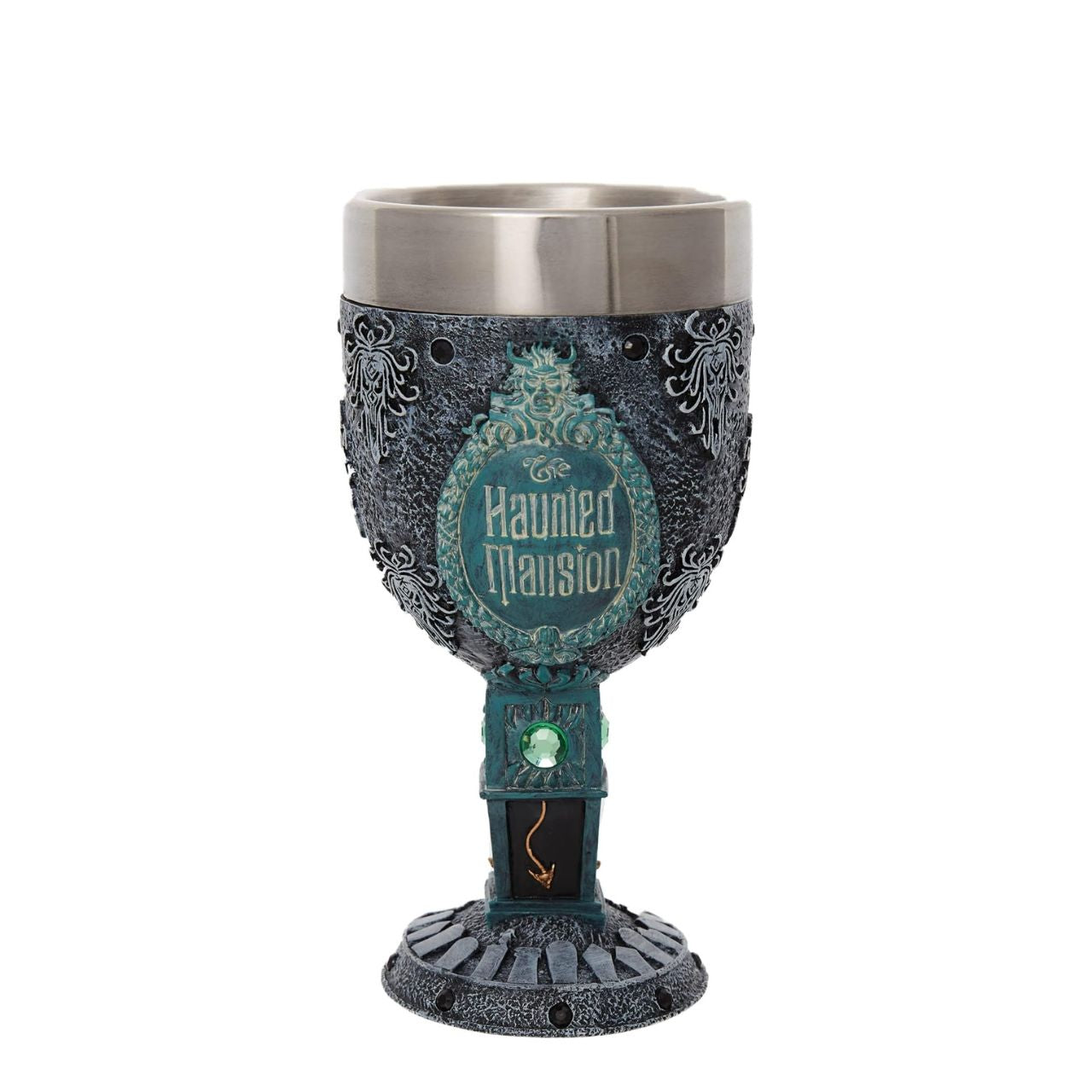 Haunted Mansion Decorative Goblet by Disney Showcase The Haunted Mansion Goblet is adorned with black gems around the top and the base, creating a beautifully spooky statement piece. It features a clock design on the stem, a bat on the body of the piece and gravestones wrapped around the base, all inspired by the iconic Haunted Mansion ride