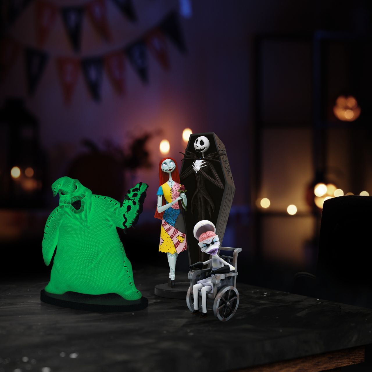Imagine bringing home a piece of haunting magic with this Oogie Boogie glow-in-the-dark figurine. Every night will be full of delightful frights as Oogie Boogie, will let his ghostly glow add a touch of Halloween magic to your everyday.