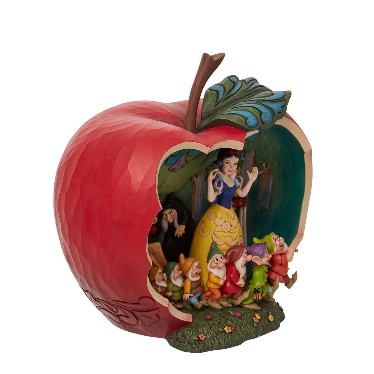 Framed within a halved apple, this bewitching forest scene gathers all the characters of the 1937 Disney classic, Snow White. Snow White smiles alongside the seven dwarfs unaware of the dangers surrounding her while the Evil Queen plots with poison in this spectacular masterpiece.