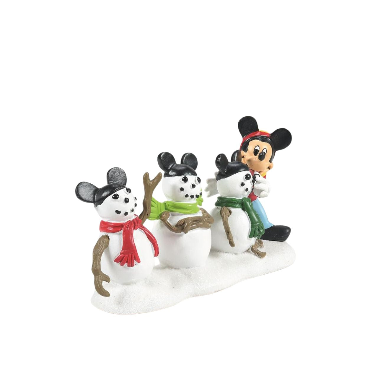 This hand-painted resin accessory is classic Mickey – dressed in a striped stocking cap and neck scarf, Mickey is putting the final touches on his three snowmen. Instead of a tall silk hat each snowman dons the iconic Mickey's Ears hat.