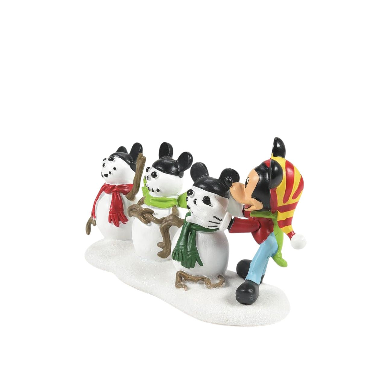 This hand-painted resin accessory is classic Mickey – dressed in a striped stocking cap and neck scarf, Mickey is putting the final touches on his three snowmen. Instead of a tall silk hat each snowman dons the iconic Mickey's Ears hat.