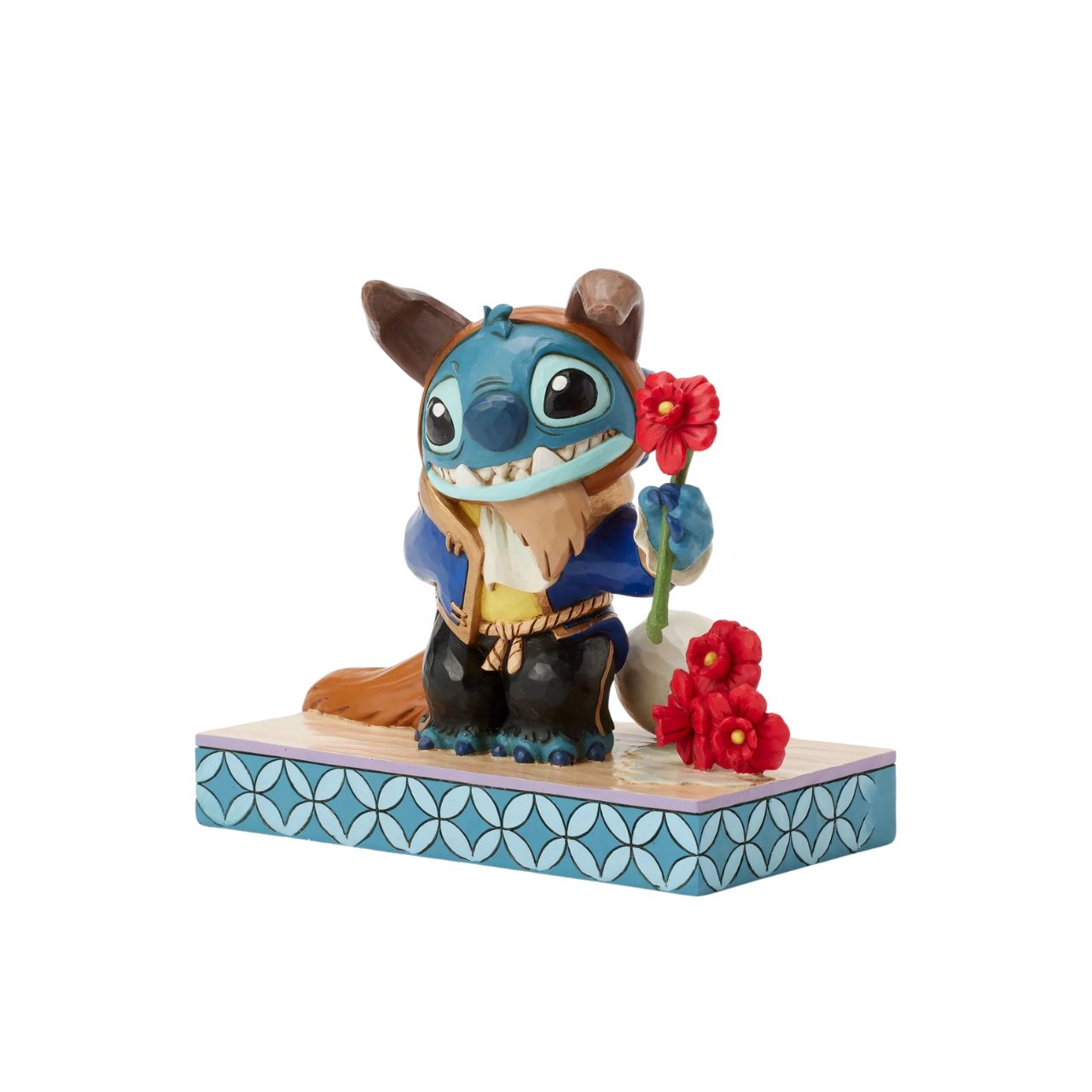 In this charming Jim Shore design, Stitch takes on the role of the Beast from Disney's beloved tale, dressed in the iconic blue suit. With an adorable smile, Stitch presents a flower, to you the collector.