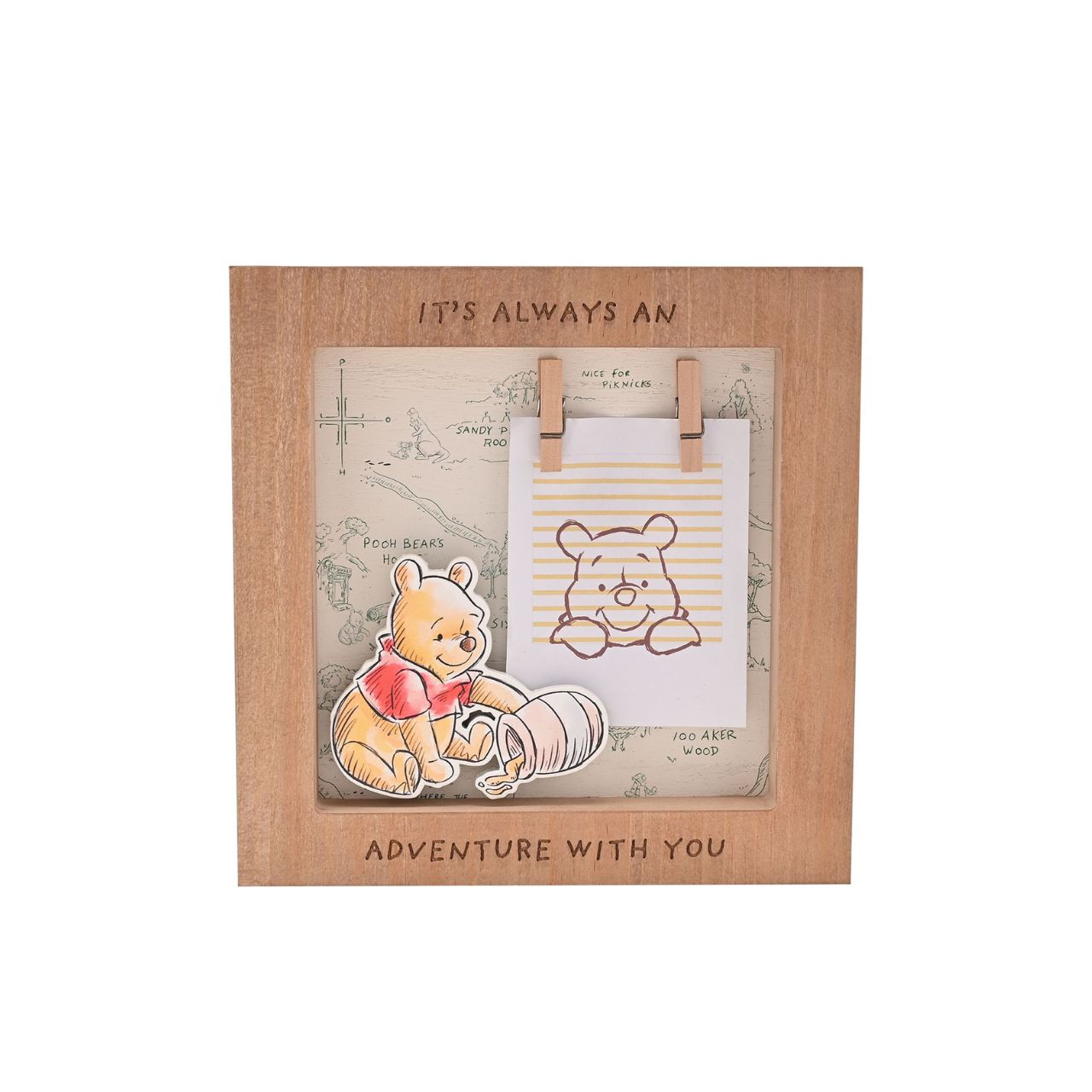 Featuring an enchanting cartoon illustration, a charming map, this frame brings the magic of the Hundred Acre Wood to life.