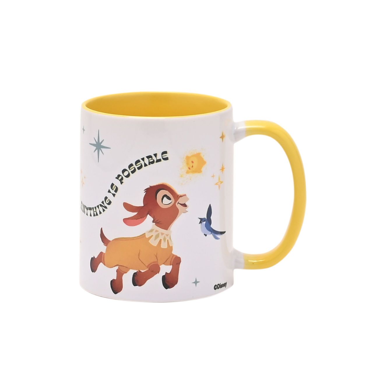 This charming yellow and white mug features an adorable Valentino on the front, perfect for any lover of this tiny, cute goat character.