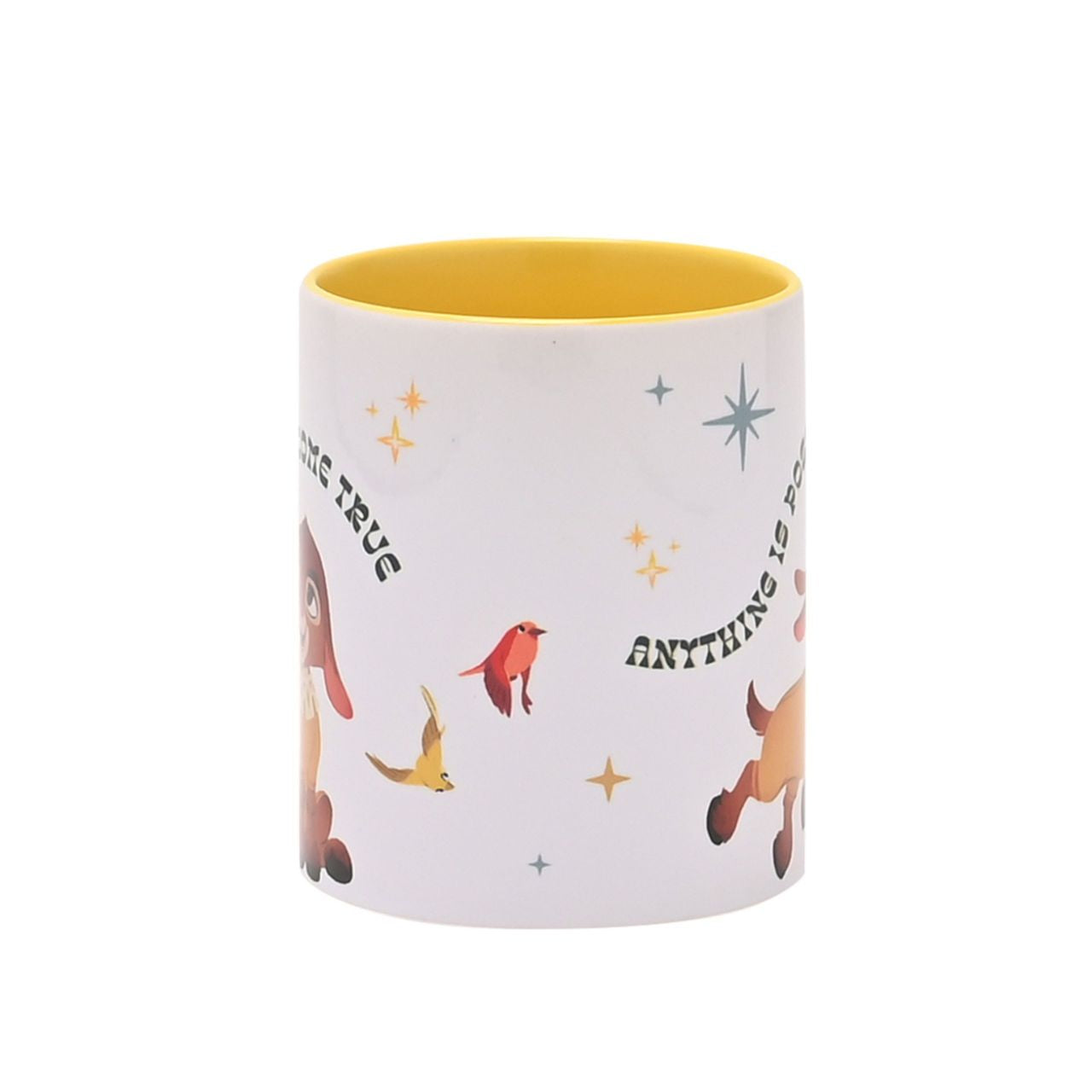 This charming yellow and white mug features an adorable Valentino on the front, perfect for any lover of this tiny, cute goat character.