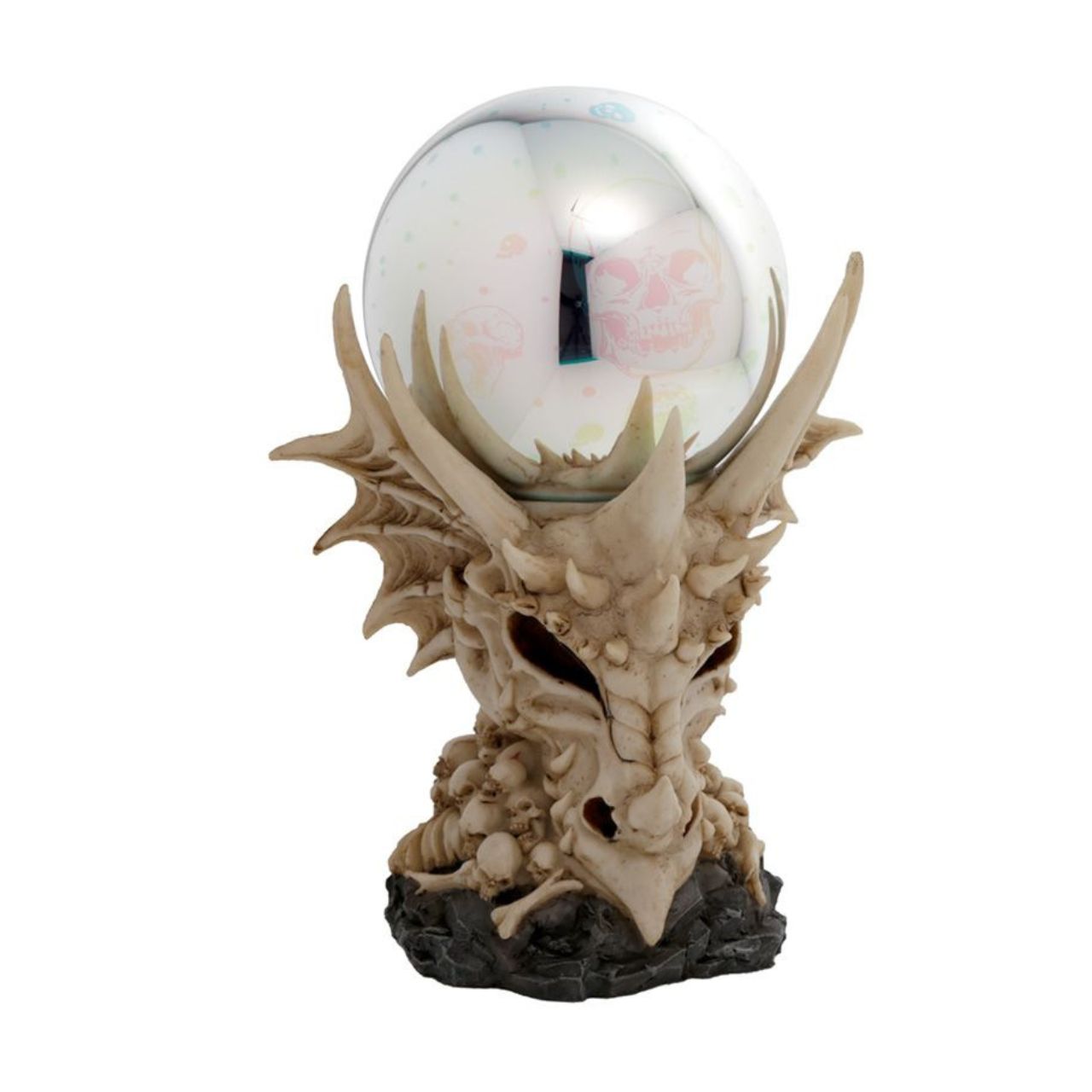 Dragon Skull LED Metallic Orb - Material: Resin and Plastic - Batteries Required: 2 AA - Batteries Included: No - LED: Controlled by an on/off switch on the bottom, the LED rotates between multiple colours.
