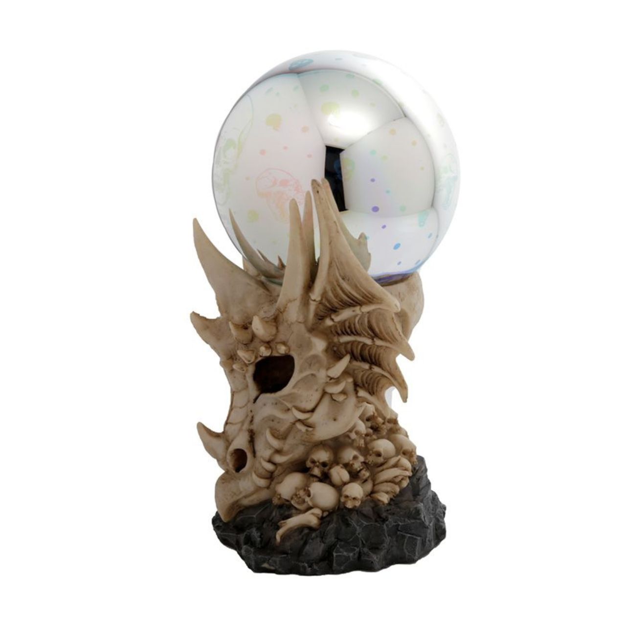 Dragon Skull LED Metallic Orb - Material: Resin and Plastic - Batteries Required: 2 AA - Batteries Included: No - LED: Controlled by an on/off switch on the bottom, the LED rotates between multiple colours.