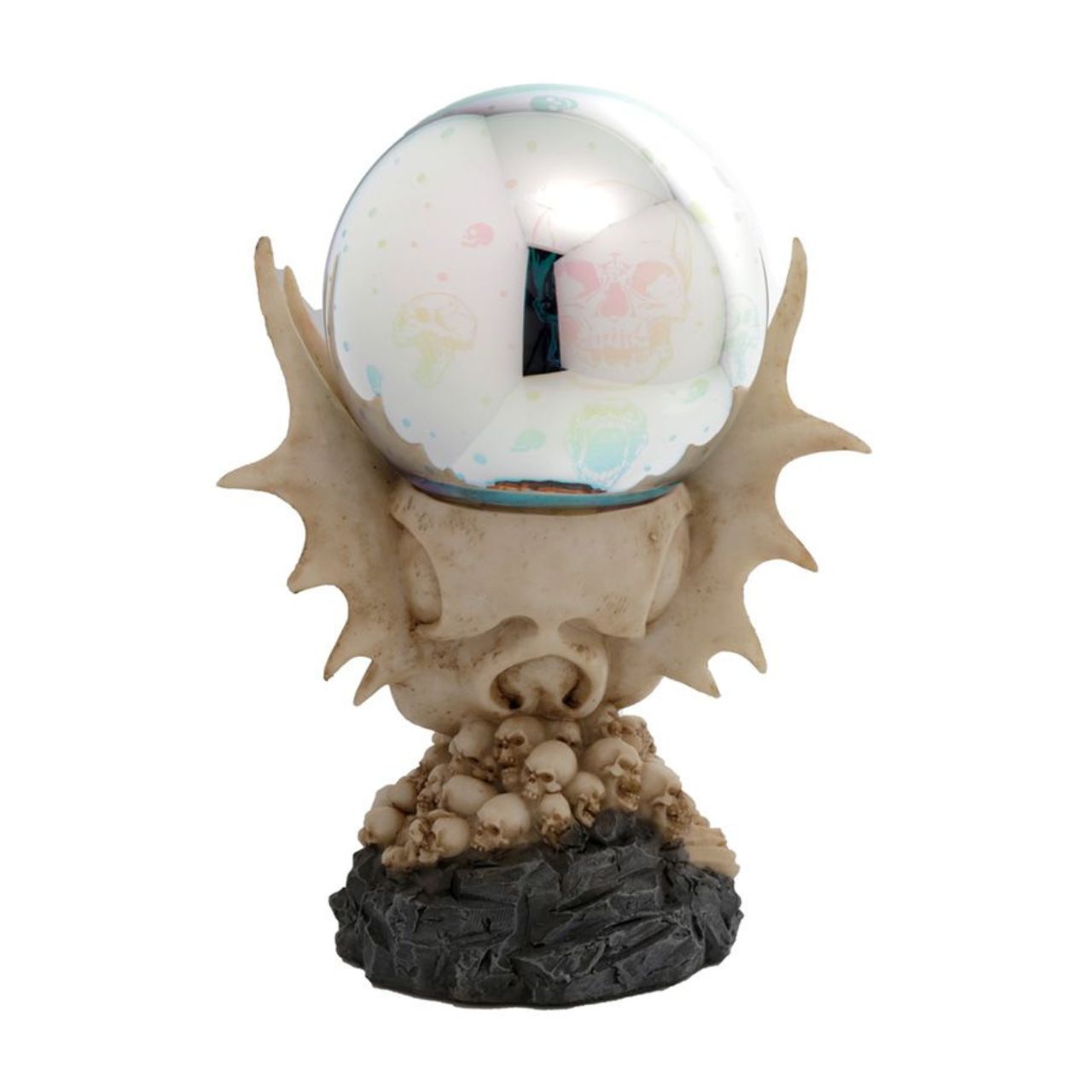 Dragon Skull LED Metallic Orb - Material: Resin and Plastic - Batteries Required: 2 AA - Batteries Included: No - LED: Controlled by an on/off switch on the bottom, the LED rotates between multiple colours.