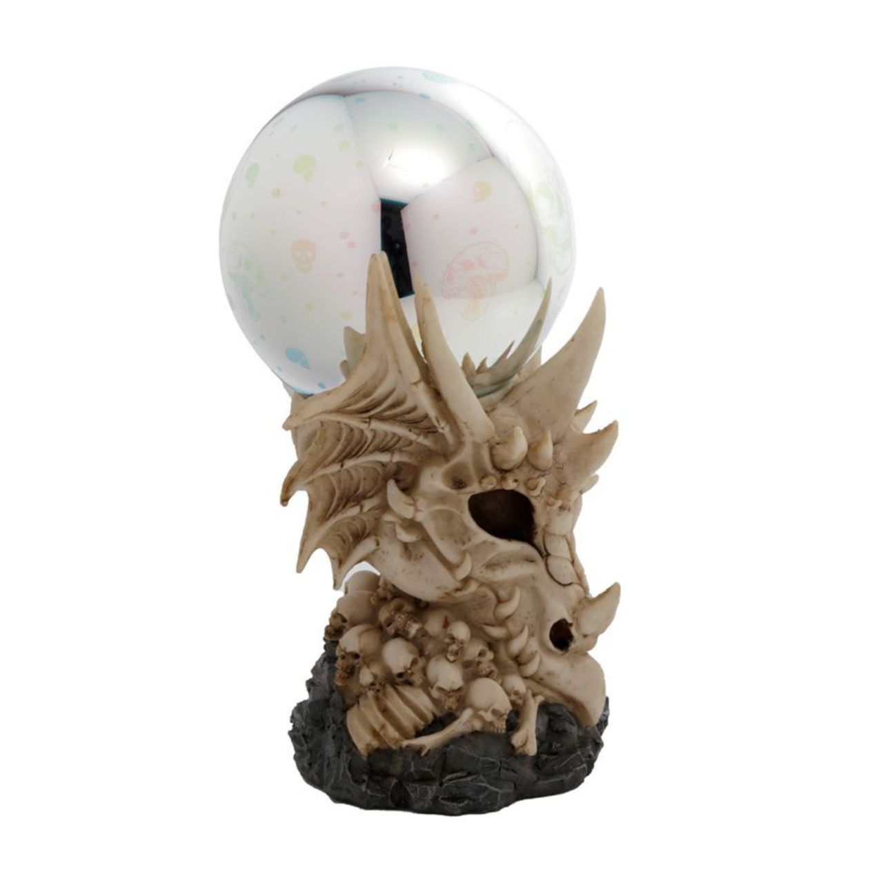 Dragon Skull LED Metallic Orb - Material: Resin and Plastic - Batteries Required: 2 AA - Batteries Included: No - LED: Controlled by an on/off switch on the bottom, the LED rotates between multiple colours.