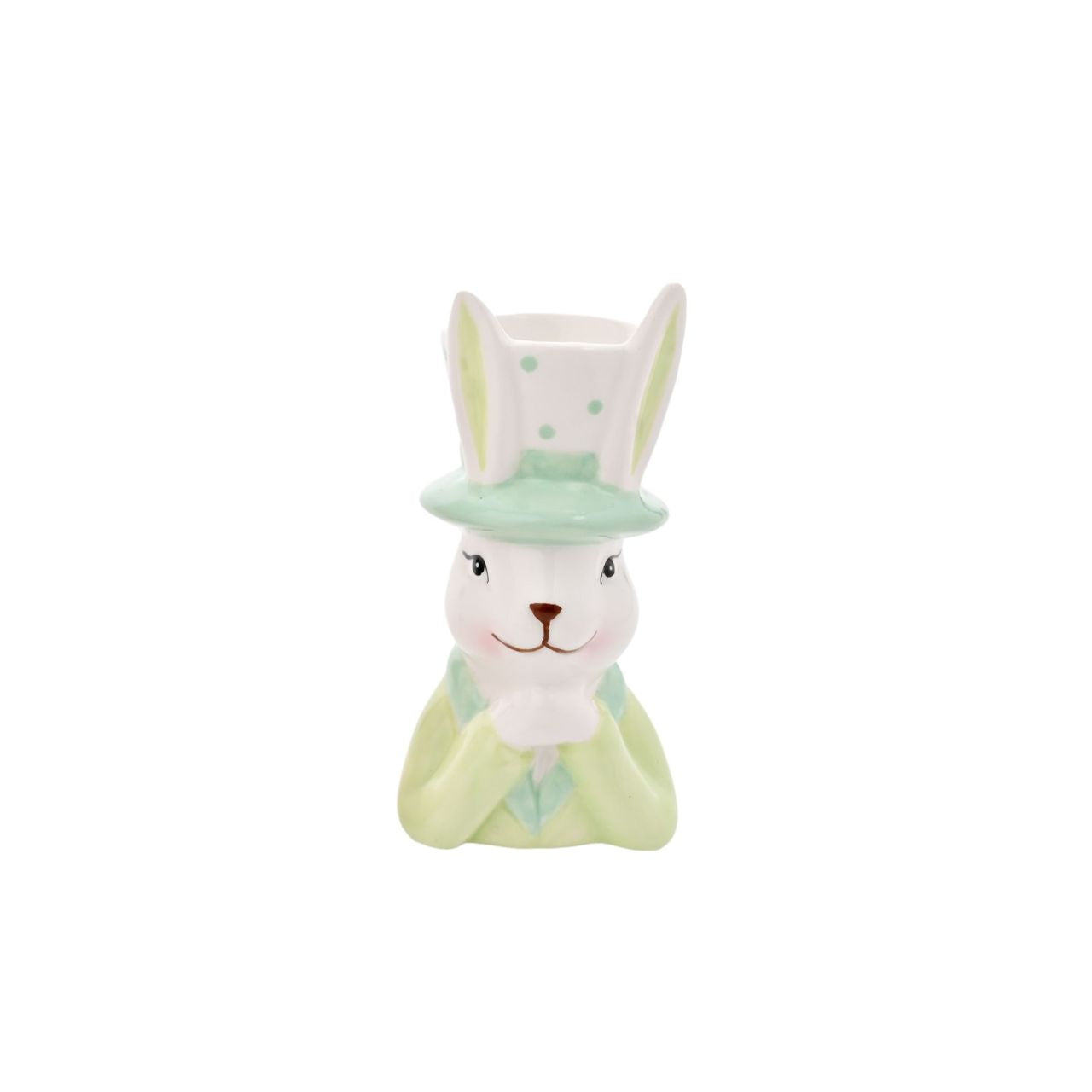 Bring a playful touch to your product line with the Eggs-traordinary Gifting Company's set of three Bunny in Top Hat Planter's Featuring adorable bunnies in three pastel colours, pink, purple and green. This charming set of planters adds a whimsical flair on their own and even more vibrancy when paired with plants or flowers.