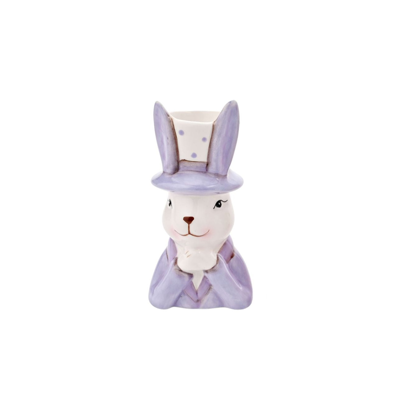 Bring a playful touch to your product line with the Eggs-traordinary Gifting Company's set of three Bunny in Top Hat Planter's Featuring adorable bunnies in three pastel colours, pink, purple and green. This charming set of planters adds a whimsical flair on their own and even more vibrancy when paired with plants or flowers.