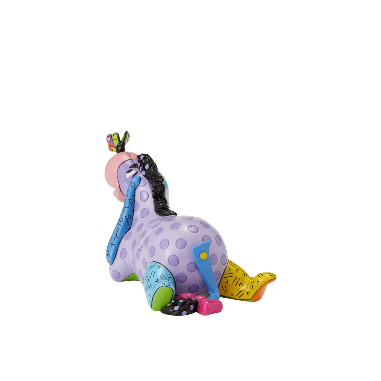 Eeyore enjoys nature and stares curiously at the butterfly perched on his nose. Romero Britto bestows a dose of optimism to our favourite gloomy donkey, reimagining Eeyore in lovely lavender and pretty polka dots.