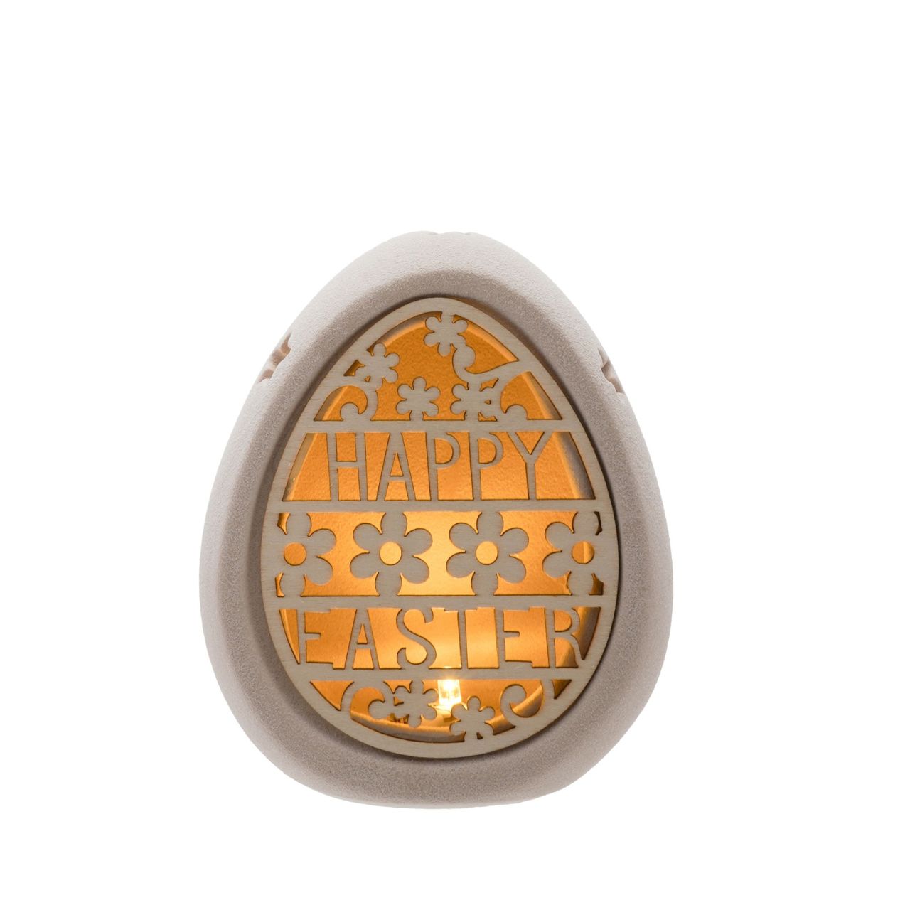 Bring a touch of whimsy to your Easter collection with this ceramic "Happy Easter" cut-out light-up egg. Emitting a soft glow that creates a warm, inviting ambiance, it’s the perfect decorative piece for the season.