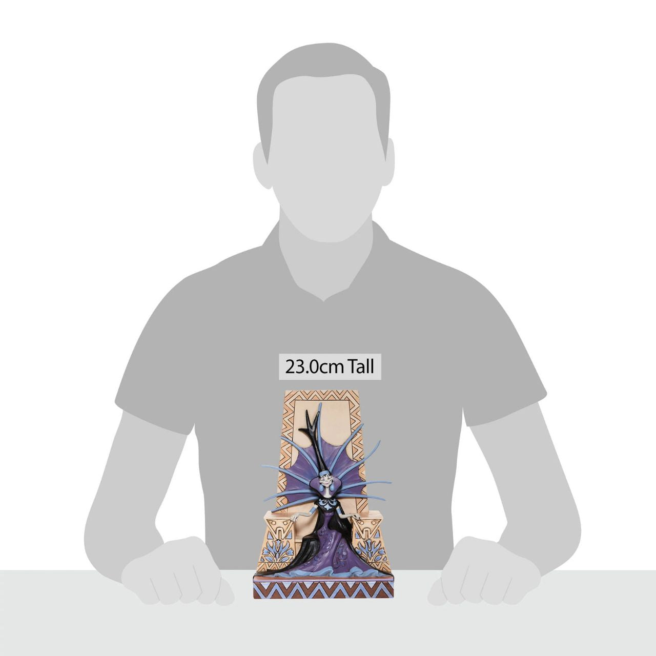 Emaciated Evil - Villain Yzma Figurine by Jim Shore The devious diva, Yzma, yearns for power as she conspires a poisonous plot to unsurp the throne from Emperor Kuzco. Jim Shore's design captures the villain Yzma's personality from Disney's Emperor's New Groove in this intricately hand-painted and detailed sculpt.