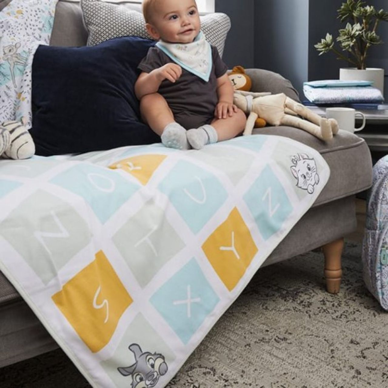 Marie, Thumper and Dumbo all join Simba in this gender-neutral ABC baby blanket. The generously sized blanket is ideal to encourage tummy time with newborns or to help toddlers learn their ABCs. Made from 100% cotton ensures it is both cosy and gentle on the most delicate skin.