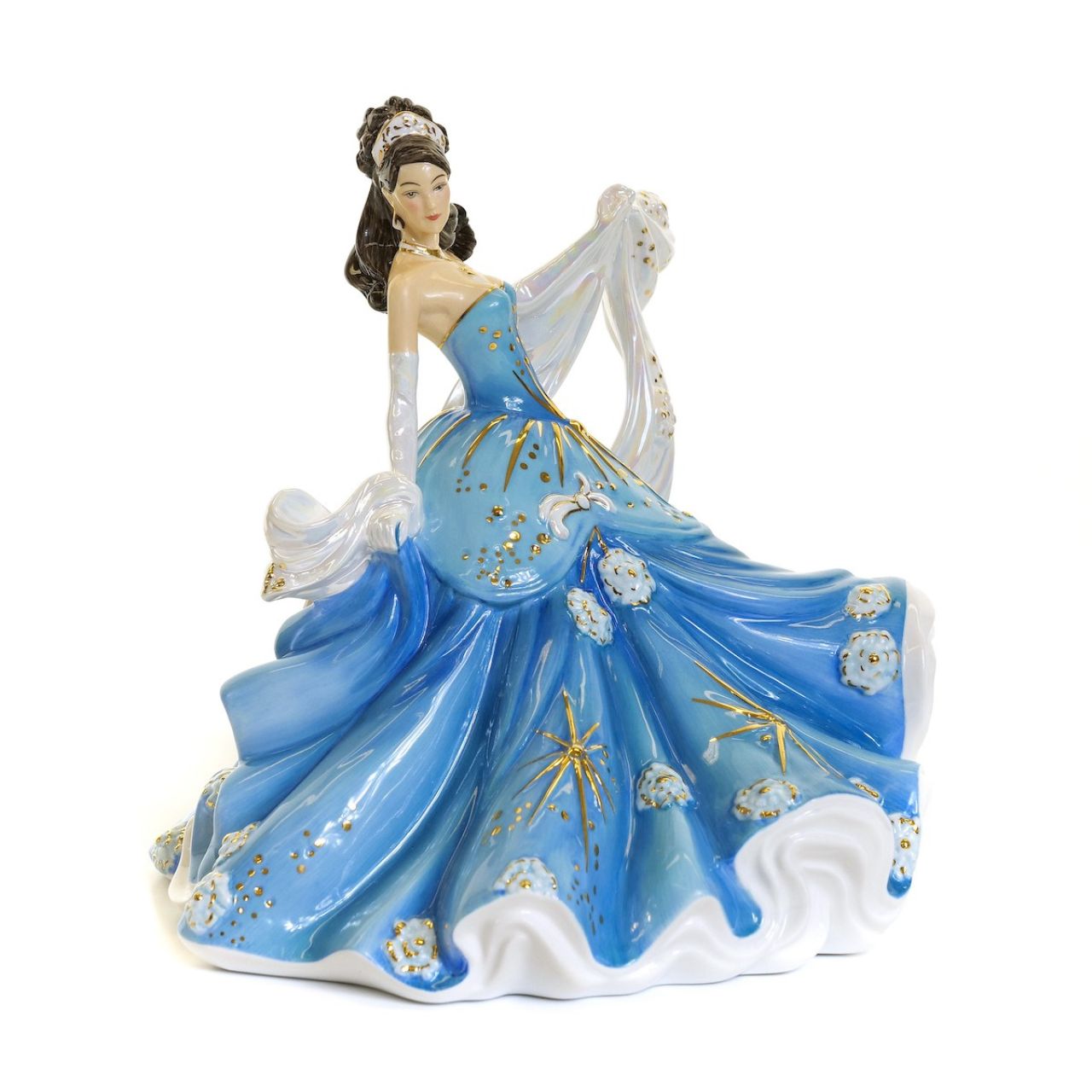 English Ladies Sapphire Radiance This striking blue colourway is Sapphire Radiance! Mother of Pearl lustre with real gold highlights makes this figure a must for your collection.