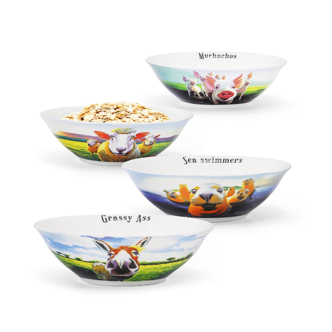 This playful homeware collection by artist Eoin O’Connor features a set of four bowls, features a charming mix of Irish animals, each with their own playful personality and punny twist.