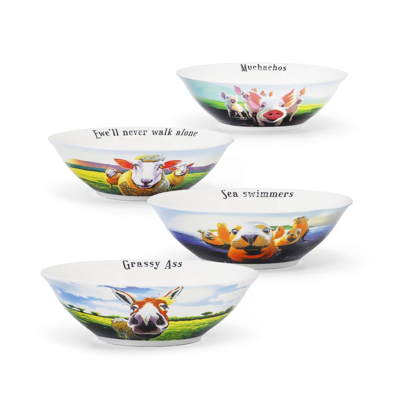This playful homeware collection by artist Eoin O’Connor features a set of four bowls, features a charming mix of Irish animals, each with their own playful personality and punny twist.