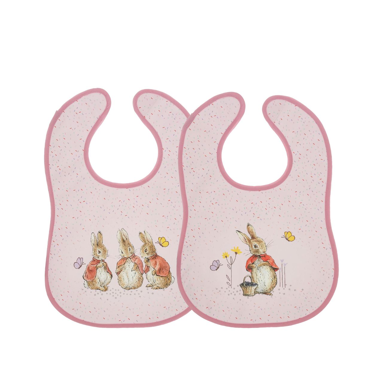 Introducing the delightful Flopsy Bunny Bib Set, inspired by the charming tales of Peter Rabbit and friends. This enchanting set of two bibs ensures mealtime is both stylish and mess-free. Crafted with super-soft, wipeable fabric, each bib features an easy hook & loop tape fastening for quick changes.