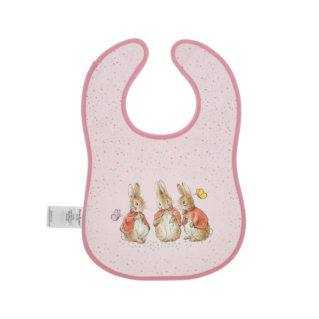 Introducing the delightful Flopsy Bunny Bib Set, inspired by the charming tales of Peter Rabbit and friends. This enchanting set of two bibs ensures mealtime is both stylish and mess-free. Crafted with super-soft, wipeable fabric, each bib features an easy hook & loop tape fastening for quick changes.