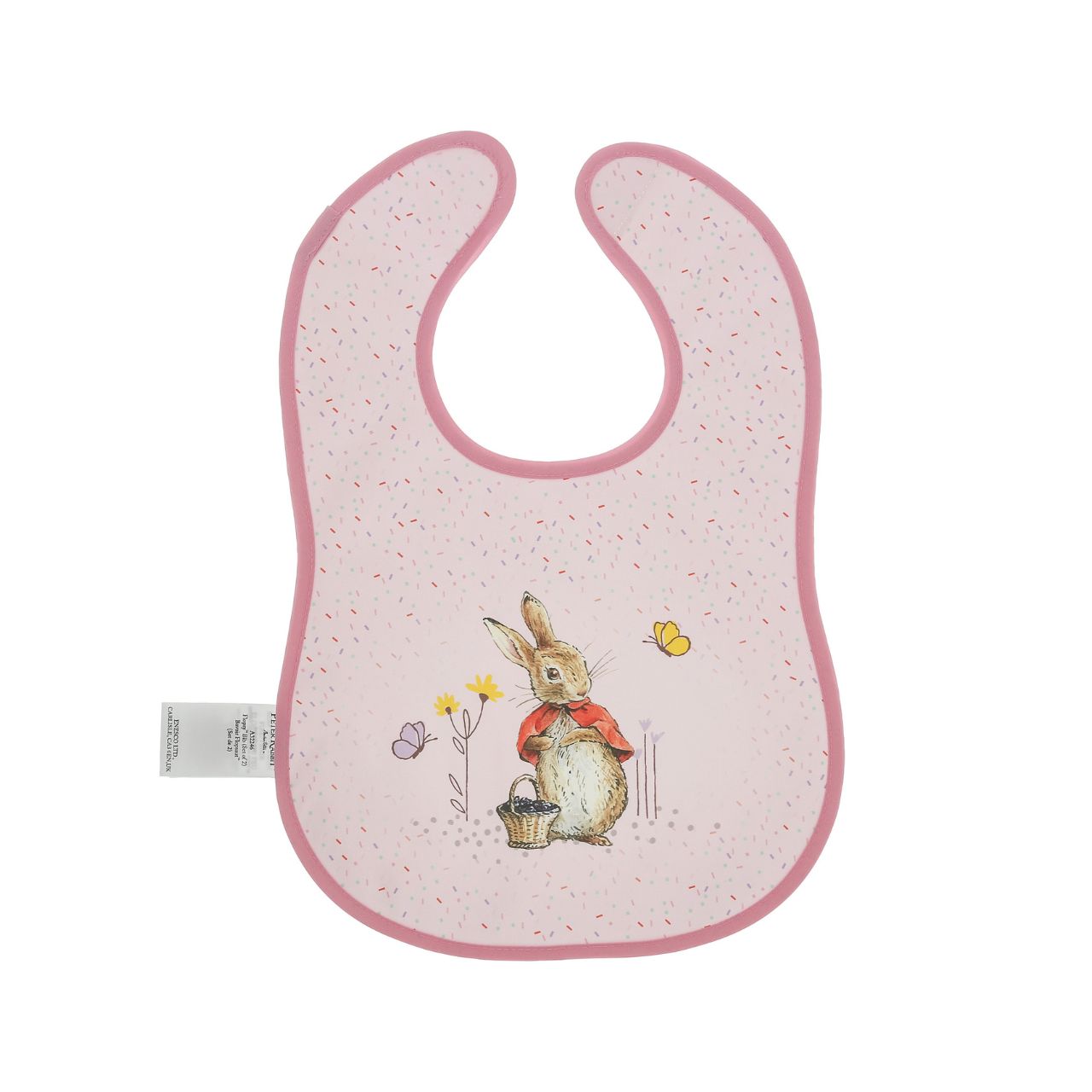 Introducing the delightful Flopsy Bunny Bib Set, inspired by the charming tales of Peter Rabbit and friends. This enchanting set of two bibs ensures mealtime is both stylish and mess-free. Crafted with super-soft, wipeable fabric, each bib features an easy hook & loop tape fastening for quick changes.