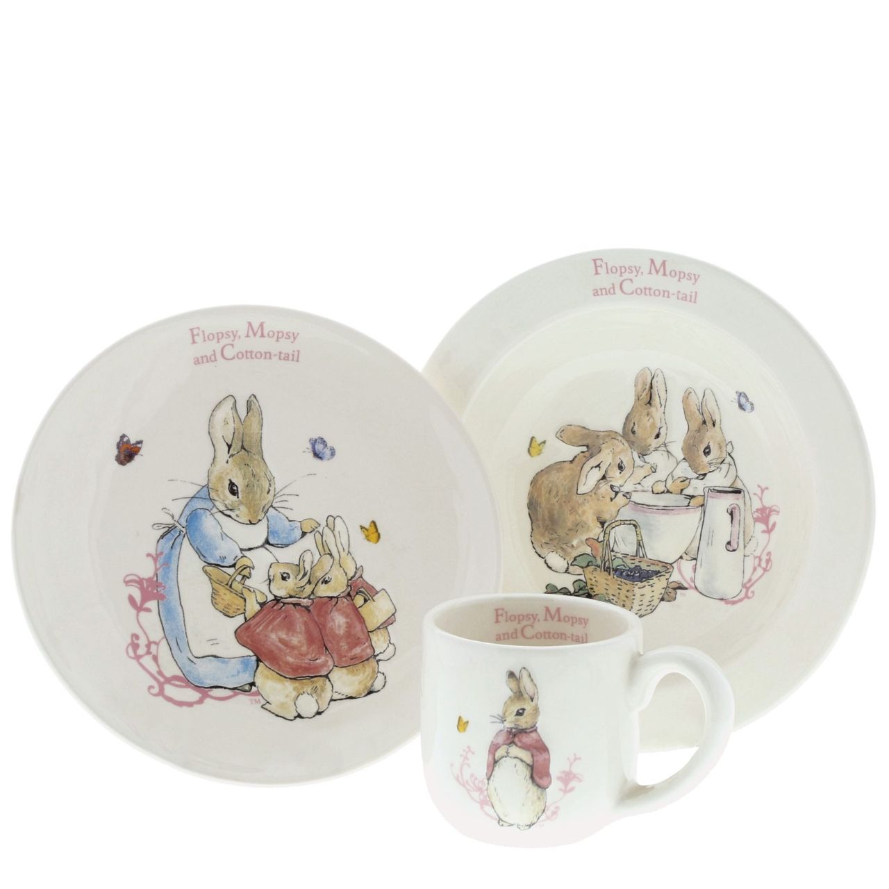 Beatrix Potter Flopsy, Mopsy & Cotton-tail Three-Piece Nursery Set  This beautiful Flopsy, Mopsy and Cotton-tail three-piece nursery set would make perfect for christening gifts, gifts for children or even a lovely birthday gift for a small child. Parents will be over the moon with such a unique gift.