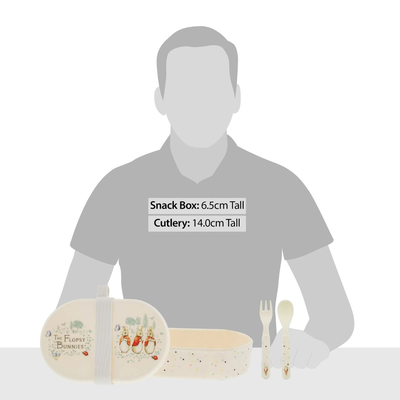 Beatrix Potter Flopsy Snack Box and Cutlery Set Introducing this brand new at home with Peter Rabbit collection. There's nothing quite like a fun Flopsy motif to entice those little tummies to clear their plates. Make mealtimes fun and practical with this snack box set. Highly durable and can be used at home, in the garden, or on the go.