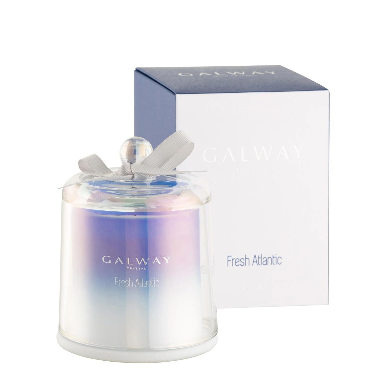 Galway Crystal Fresh Atlantic Bell Candle Jar Our fresh atlantic scent will transform any room and certainly set the right mood. Top notes of ozone accord, bergamot & leafy green accord are contrasted with floral notes of ylang-ylang, soft jasmine, cyclamen & rosewood. Earthy base notes of musk, amber & sandalwood finish off this fragrance creating a timeless oceanic scent inspired by the Irish coast.
