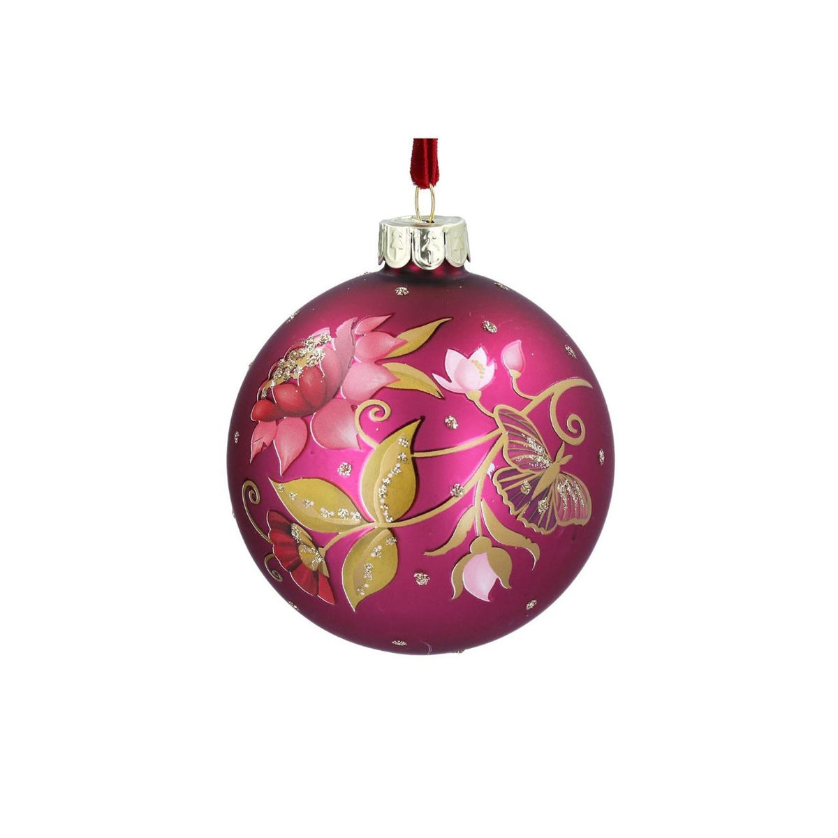 Bring festive elegance to your tree with this stunning Gisela Graham Fuchsia & Gold Leaf Floribunda Glass Bauble. Hand-crafted from 100% glass, this ornament features delicate fuchsia tones complemented by shimmering gold leaf detailing inspired by the charming floribunda flower.