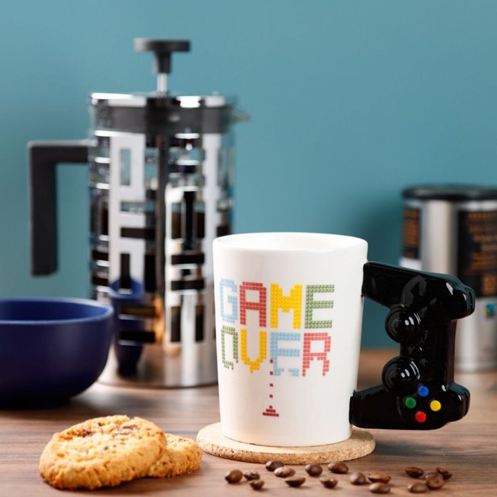 GAME OVER Game Controller Ceramic Shaped Handle Mug  - Material: Ceramic (Dolomite) - Food Safe: Yes - Microwave Safe: No