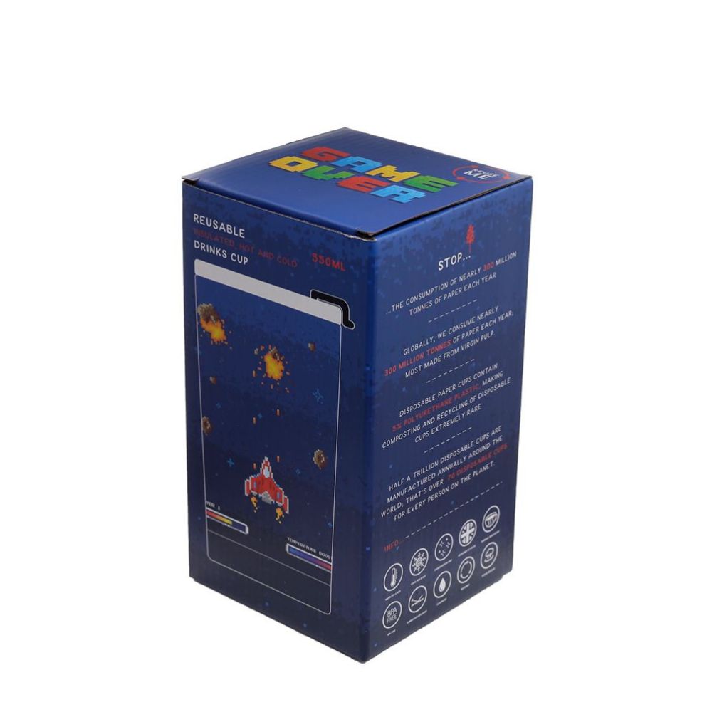 Game Over Hot & Cold Insulated Cup 500ml  The Game Over Hot & Cold Insulated Cup 500ml is designed to keep hot and cold beverages at desired temperatures for longer periods of time. Its insulated base technology preserves the temperature of your drinks up to 6 - 8 hours. Its slip-resistant base and sturdy design make it easy to transport and handle.