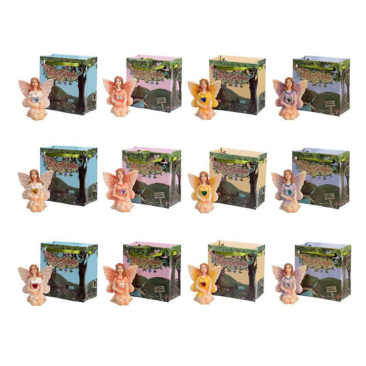 Gemstone Fairy in a Mini Gift Bag  - Material: Resin Figure in a Mini Card Gift Bag with Ribbon Handles - Bag 5.5 x 5.5 x 3 cm Fairy Height 4 cm Width 3.5 cm Depth 2.5 cm