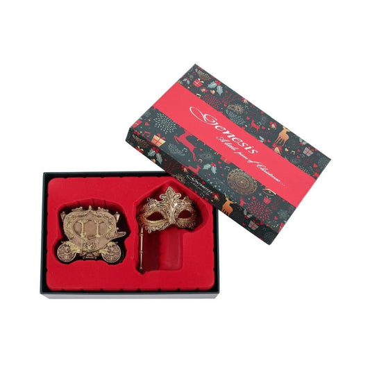 Carriage & Mask Christmas Tree Ornament by Genesis  Gorgeous bronze coloured Christmas tree ornaments by Genesis Ireland. With glittering gold accents, this set of two ornaments are sure to bring a sparkle to your Christmas décor.