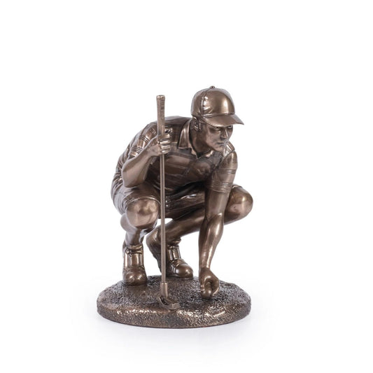 This detailed sculpture depicts a golfer crouched down, lining up a putt with focus and precision. It's a perfect gift for golf enthusiasts or a classy accent for sports-themed spaces.