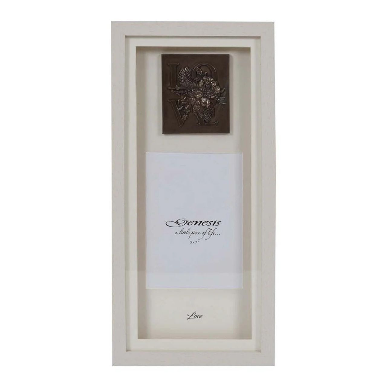 A gorgeous faux blond wood frame, showcasing the word "Love", encased in a beautiful flower display, in cast bronze with a space for a 5 x 7'' photo and the inscription, "Love" at the bottom of the frame.