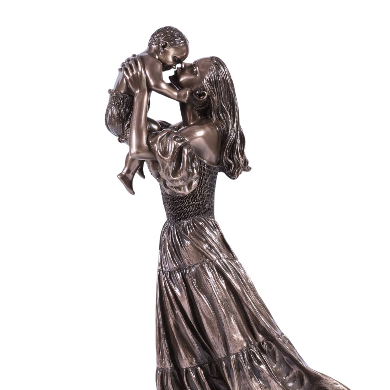 Celebrate the bond of motherhood with this heart-warming sculpture. It features a mother joyfully lifting her child in the air, capturing a moment of pure love and connection. A beautiful addition to any home or office décor.